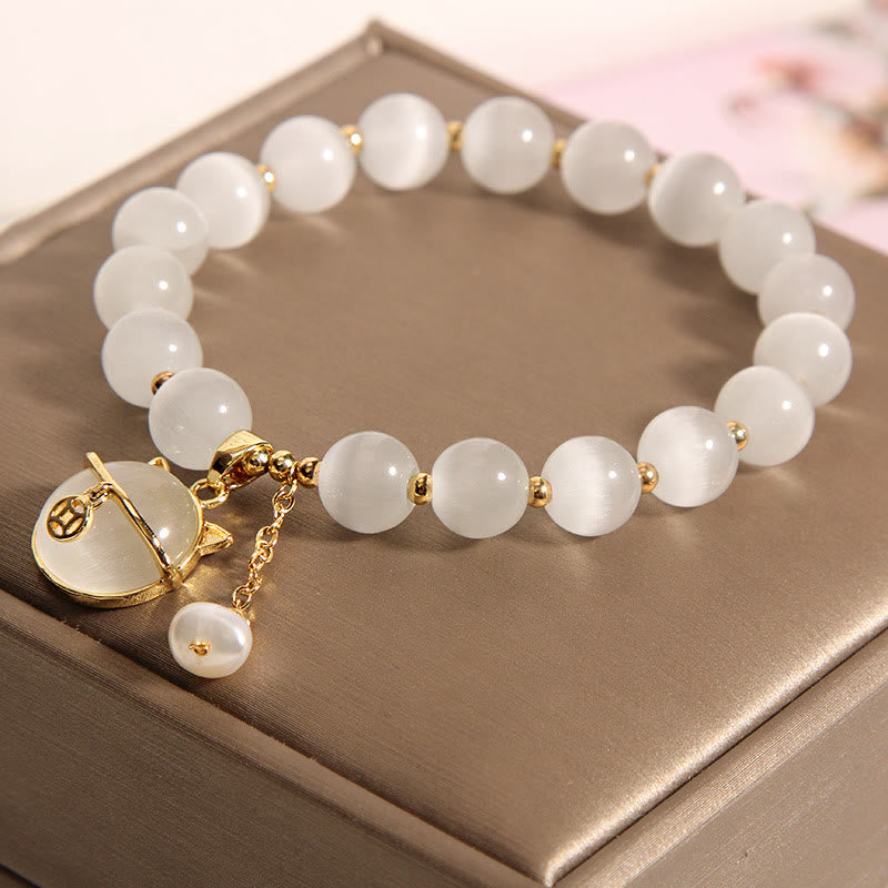 MythStone Cat's Eye Lovely Cat Pattern Pearl Love Charm Bracelet