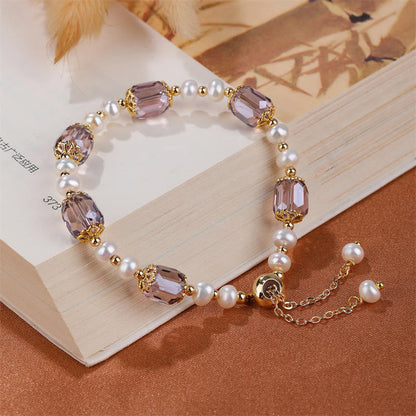 Mythstone Natural Amethyst Pearl Peace Healing Chain Bracelet