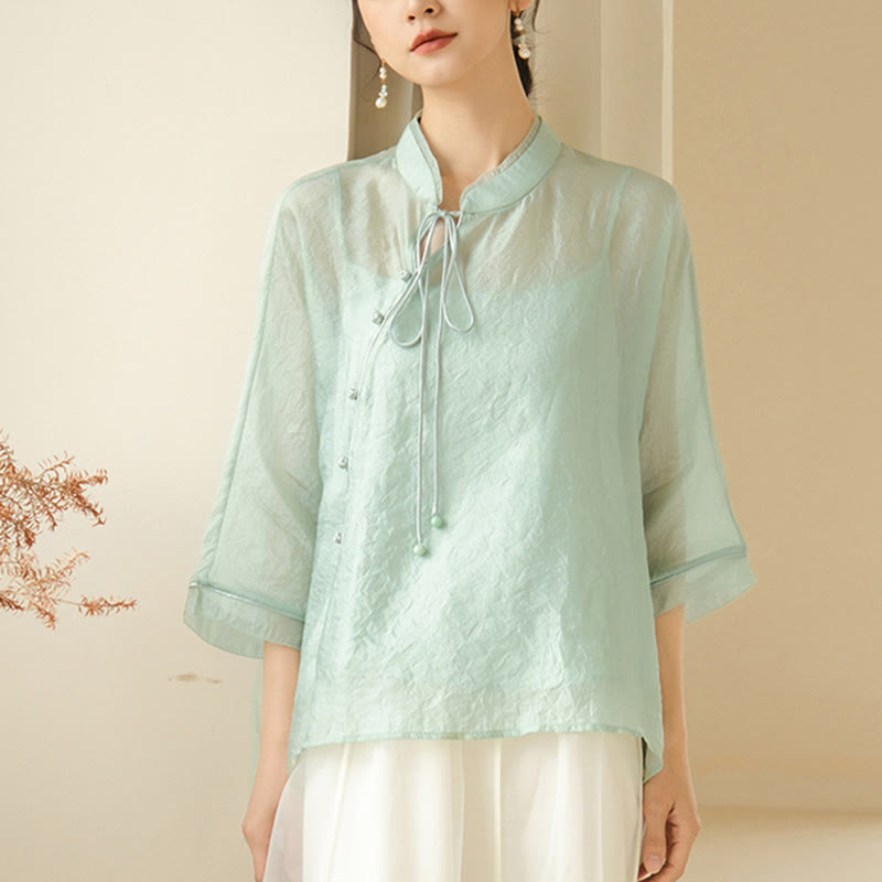 Mythstone Green Color Lace-up Three Quarter Sleeve Shirt With Tank Top