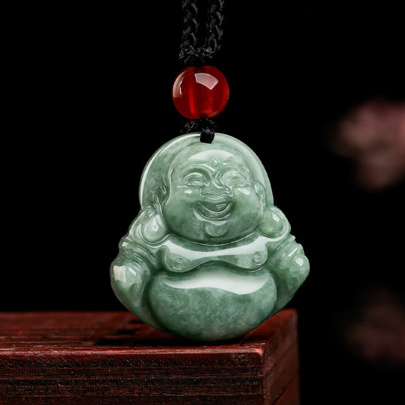 Mythstone Natural Green Jade Laughing Buddha Luck Abundance Necklace Pendant