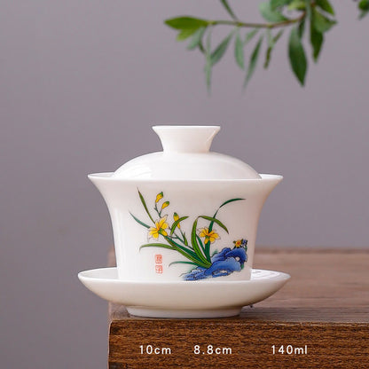 Mythstone White Porcelain Mountain Landscape Countryside Ceramic Gaiwan Teacup Kung Fu Tea Cup And Saucer With Lid