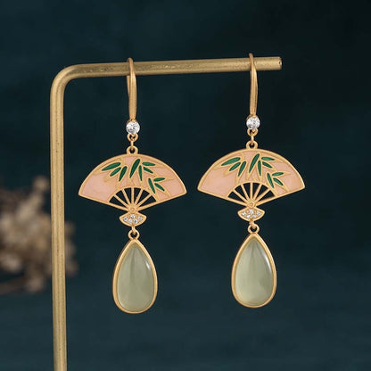 Mythstone Natural Green Aventurine Fan Pattern Luck Drop Earrings