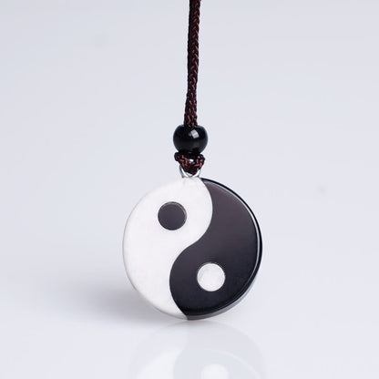 Mythstone Natural Black Obsidian White Turquoise Yin Yang Fulfilment Strength Necklace Pendant