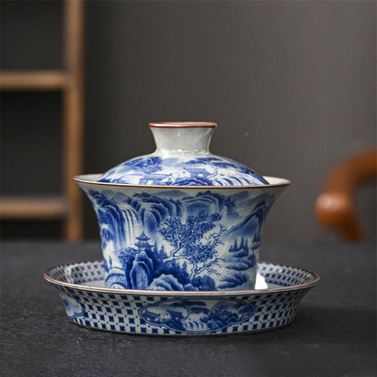 Mythstone Jingdezhen Dragon Phoenix Pavilion Pine Flower Ceramic Gaiwan Sancai Teacup Kung Fu Tea Cup And Saucer With Lid 170ml