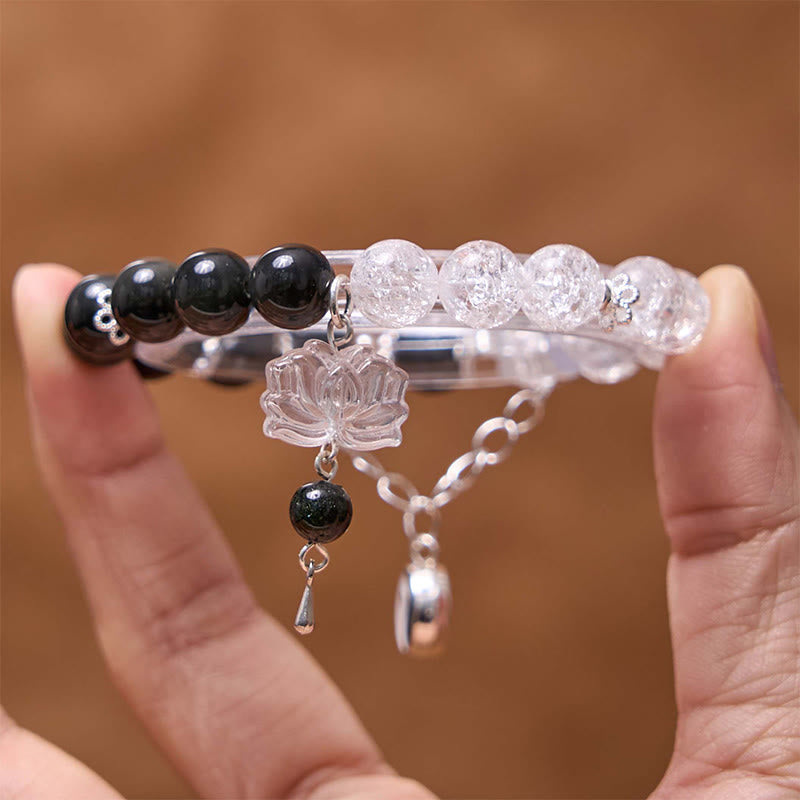 Mythstone Silver Sheen Obsidian Crackle Clear Quartz Black Rutilated Quartz Yin Yang Lotus Protection Bracelet