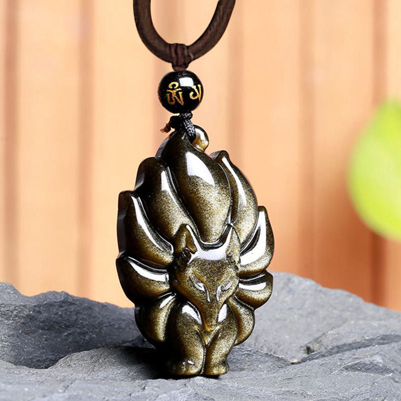 Mythstone Natural Rainbow Obsidian Gold Sheen Obsidian Nine Tailed Fox Positive Necklace Pendant