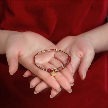 Mythstone Handmade 925 Sterling Silver Lotus Cinnabar Gold Bead Blessing Braid Bracelet