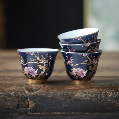 Mythstone Golden Magpie Peony Flower Ceramic Teacup Kung Fu Tea Cup