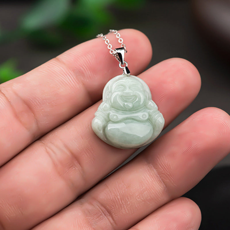 Mythstone 925 Sterling Silver Laughing Buddha Jade Blessing Necklace Chain Pendant