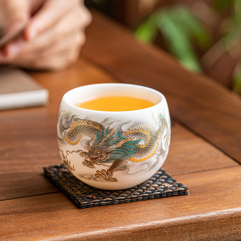 Mythstone Dragon Phoenix Auspicious Clouds Ceramic Teacup Kung Fu Tea Cup With Gift Box