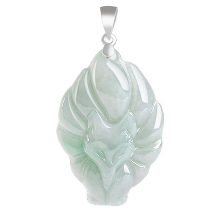 Mythstone 925 Sterling Silver Natural Jade Nine Tailed Fox Prosperity Necklace Pendant