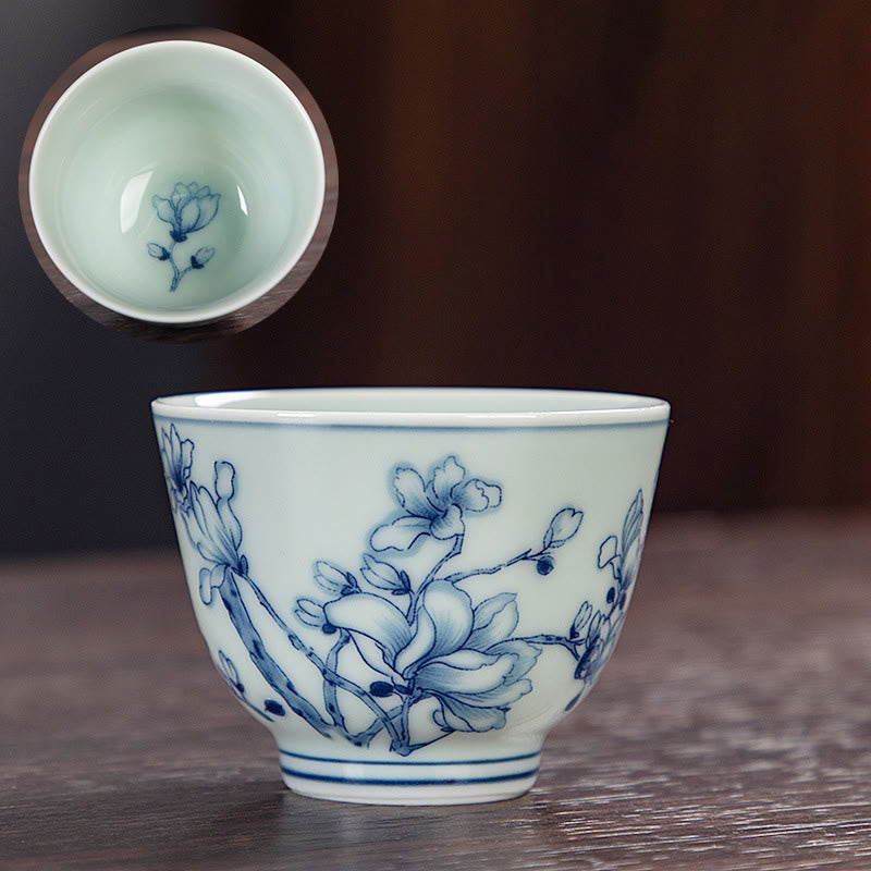 Mythstone Blue Landscape Mountains Lotus Cute Cat Pavilions Magnolia Reed Egrets Ceramic Teacup Small Kung Fu Tea Cup