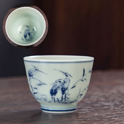 Mythstone Blue Landscape Mountains Lotus Cute Cat Pavilions Magnolia Reed Egrets Ceramic Teacup Small Kung Fu Tea Cup