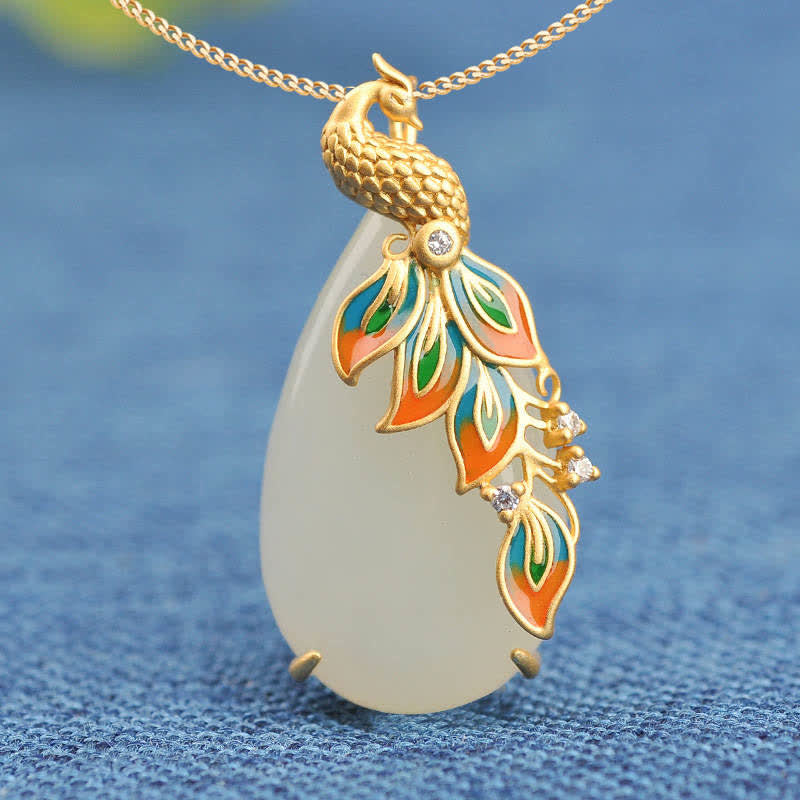 Mythstone White Jade Peacock Protection Necklace Chain Pendant