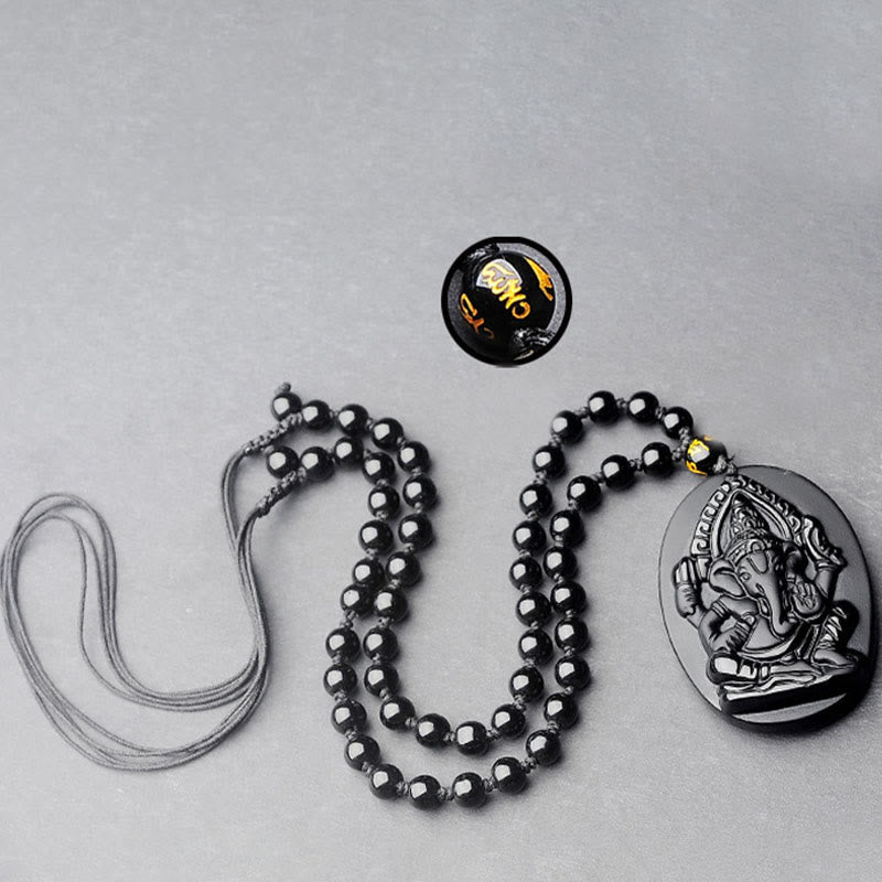 Mythstone Tibetan Obsidian Ganesh Ganpati Elephant Wealth Amulet Necklace