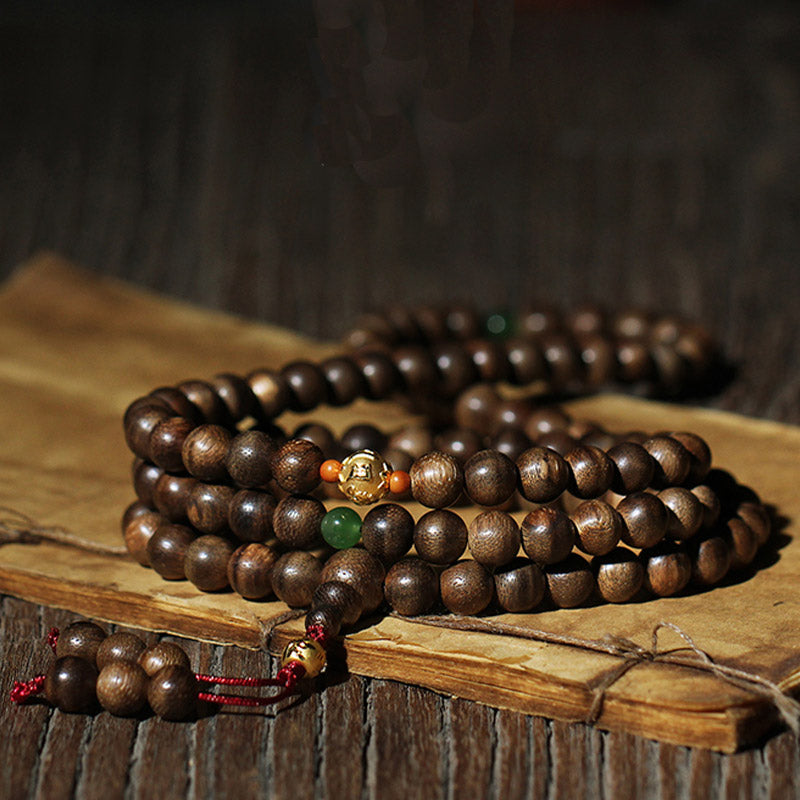 Mythstone 999 Gold 108 Mala Beads Kalimantan Agarwood Cyan Jade Six True Words Strength Bracelet