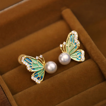 Mythstone 925 Sterling Silver Posts 18K Gold Plated Copper Natural Pearl Butterfly Healing Stud Earrings