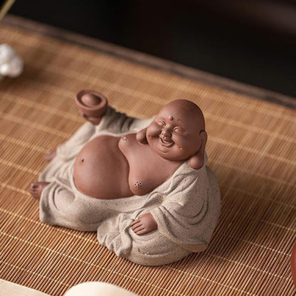 Lingotes de Buda sonriente de piedra mitológica que atraen la riqueza Estatua decorativa de arcilla morada de Maitreya 