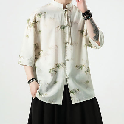 Mythstone Green Yellow Bamboo Leaves Print Half Sleeve Shirt Men's T-shirt