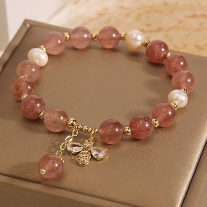 Mythstone Strawberry Quartz Pearl Cute Zircon Honeybee Positive Charm Bracelet