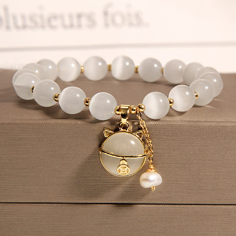 MythStone Cat's Eye Lovely Cat Pattern Pearl Love Charm Bracelet