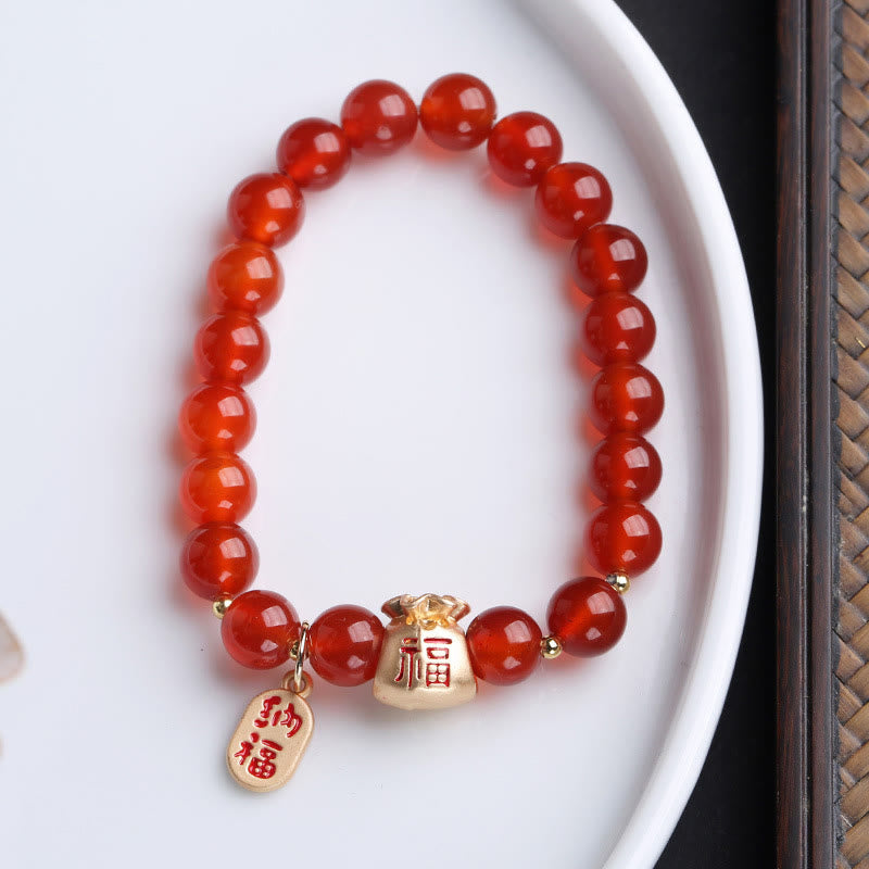 Mythstone Natural White Agate Red Agate Money Bag Fu Character Four Leaf Clover Protection Bracelet