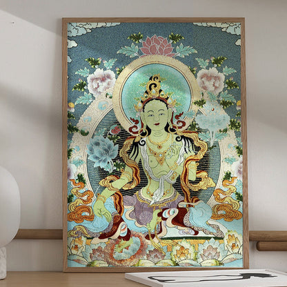 Mythstone Tibetan Silk Embroidery White Tara Thangka Tapestry Wall Hanging Wall Art Meditation for Home Decor