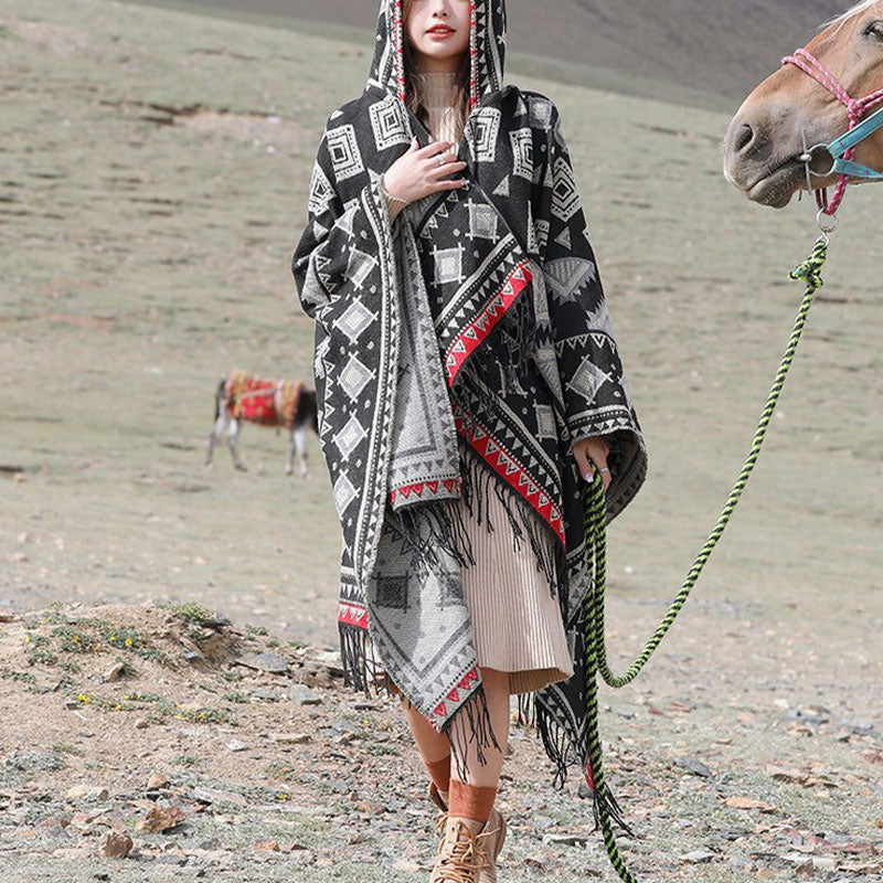 Chal tibetano Mythstone con capucha y estampado de triángulos, bufanda de viaje acogedora para el invierno