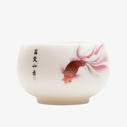 Mythstone Koi Fish White Porcelain Ceramic Teacup Kung Fu Tea Cup