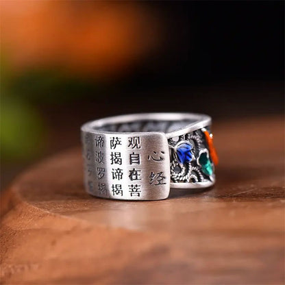 Mythstone Copper Blue Enamel Lotus Heart Sutra Koi Fish Luck Ring