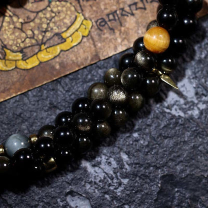 Mythstone 108 Mala Beads Gold Sheen Obsidian Tiger Eye Eagle's Eye Stone Wealth Bracelet