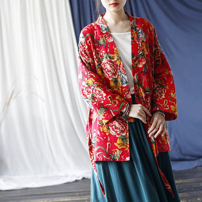 Mythstone Ethnic Style Northeast Red Flower Peony Print Cotton Linen Lace Up Jacket