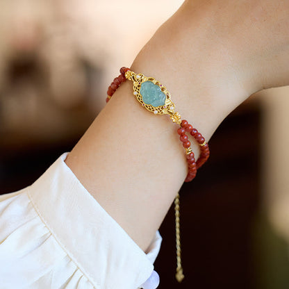 Pulsera de doble capa con ágata roja natural, jade y loto bañada en oro y plata de ley 925 de Mythstone 