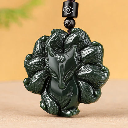 Mythstone Hetian Cyan Jade Nine Tailed Fox Luck Necklace String Pendant