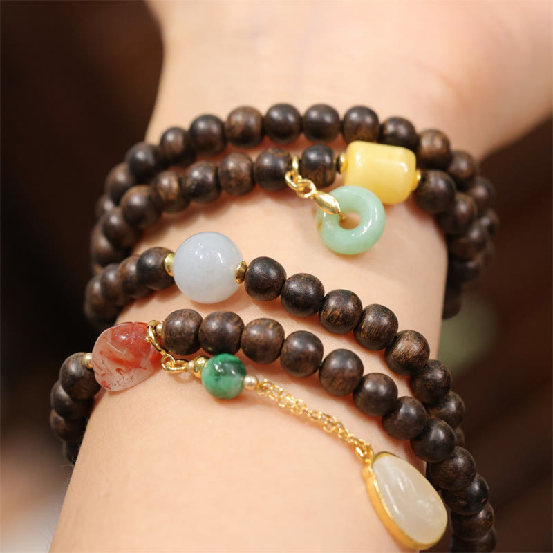 Mythstone 108 Mala Beads Brunei Agarwood Amber Red Agate Peace Buckle Jade Peace Bracelet