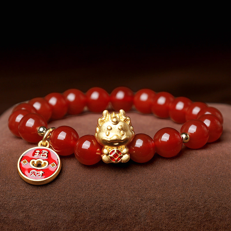 Pulsera para atraer la fortuna con moneda de cobre y ágata roja natural del año del dragón de Mythstone