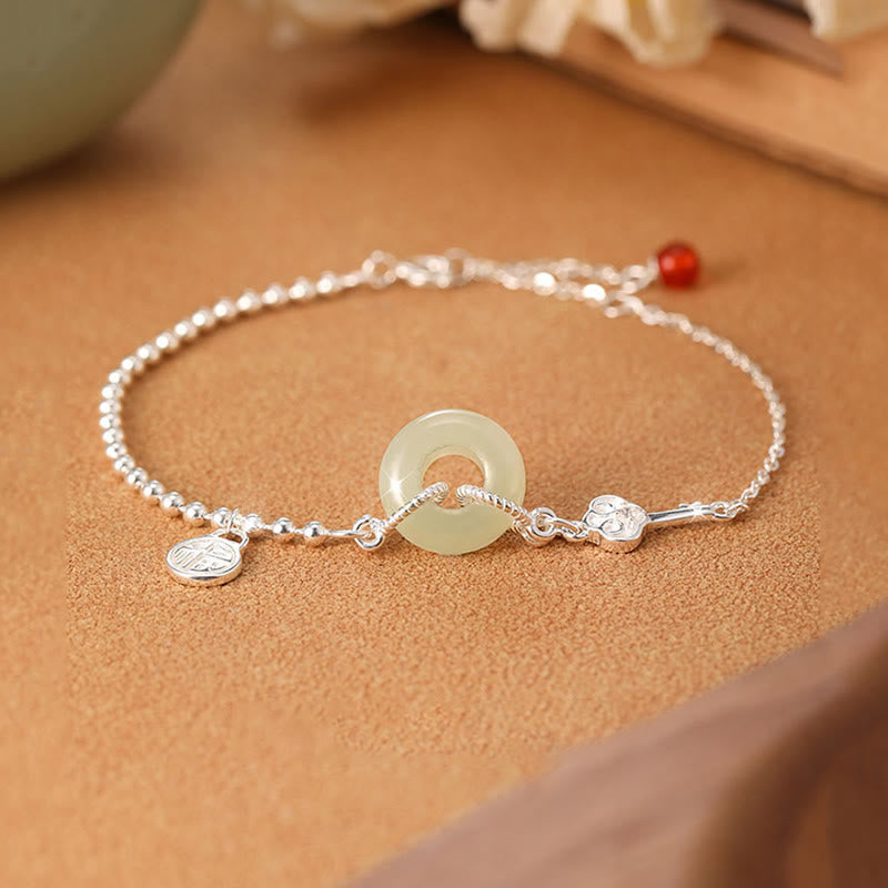 Mythstone 925 Sterling Silver Hetian Jade Peace Buckle Fu Character Luck Chain Bracelet