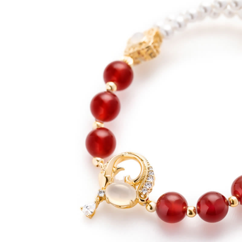 Mythstone 18K Gold Plated Copper Natural Red Agate Pearl Koi Fish Confidence Bracelet Necklace Pendant Earrings Set