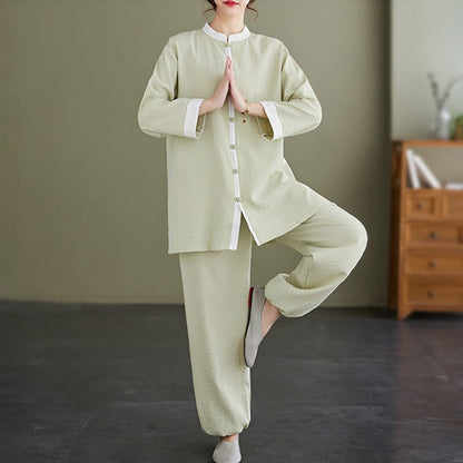 Mythstone 2Pcs Vintage Long Sleeve Shirt Top Pants Meditation Zen Tai Chi Cotton Linen Clothing Women's Set