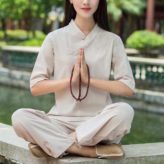 Mythstone 2Pcs Half Sleeve V-Neck Shirt Top Pants Meditation Zen Tai Chi Linen Clothing Women's Set