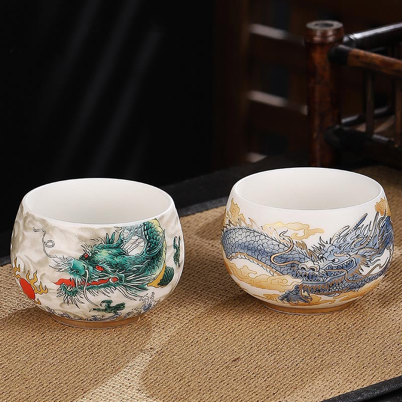 Mythstone Dragon Cicada Bamboo Deer Crane Lotus Plum Flower Ceramic Teacup Kung Fu Tea Cup Bowl 185ml