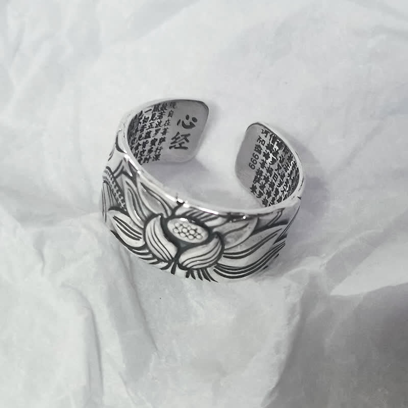 Mythstone 999 Sterling Silver Lotus Symbol Heart Sutra Protection Ring