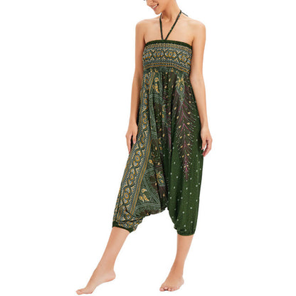 Mythstone Two Style Wear Peacock Feather Loose Smocked Harem Trousers Jumpsuit High Waist Pants