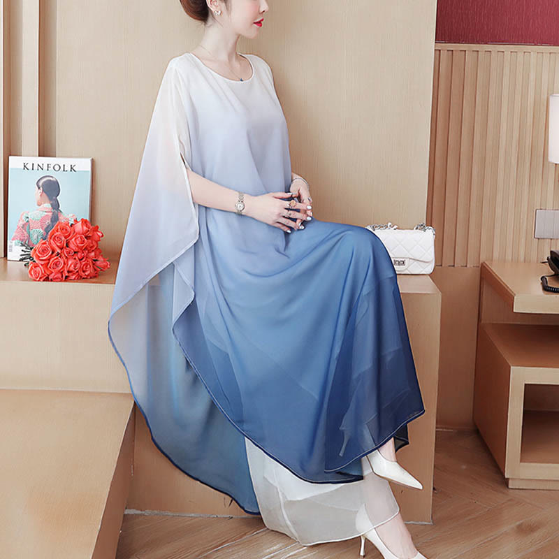 Mythstone Gradient Color Half Sleeve Chiffon Midi Dress Meditation Zen Practice