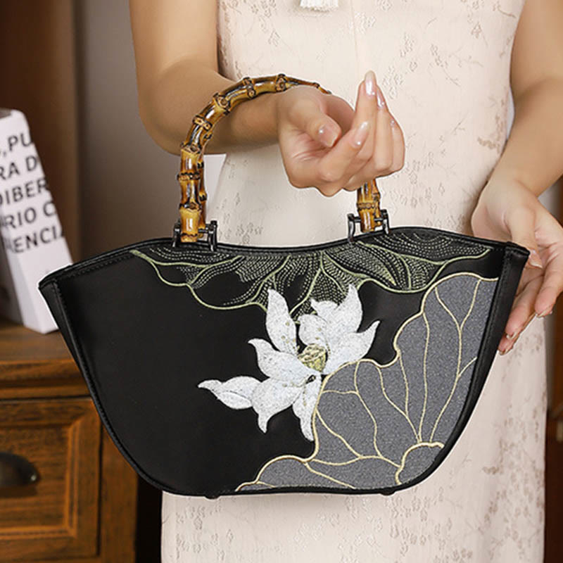 Mythstone Lotus Embroidery Bamboo Handle Handbag