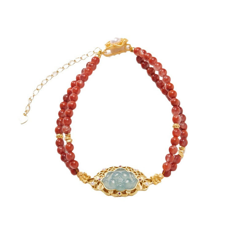 Pulsera de doble capa con ágata roja natural, jade y loto bañada en oro y plata de ley 925 de Mythstone 