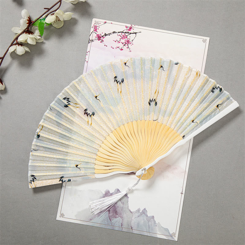 Mythstone Flying White Crane Sun Cloud Handheld Silk Bamboo Folding Fan 22cm