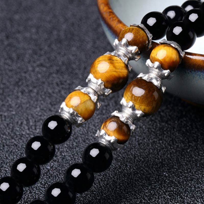 MythStone 108 Beads Natural Black Obsidian Tiger Eye Mala Bracelet