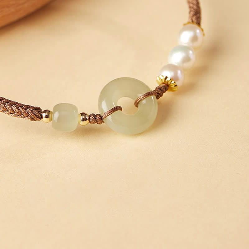 Mythstone Natural Hetian Jade Pearl Peace Buckle Luck Bracelet