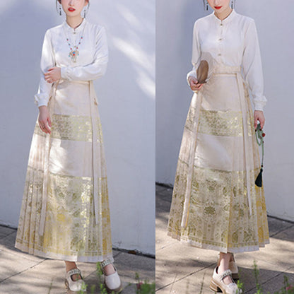 Mythstone Chinese Hanfu Beige Elephant Printed Horse Face Skirt Mamianqun